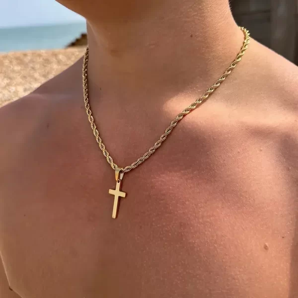 Tendência - Pingente de cruz 18k banhado a ouro Unissex, minimalista, Cordão modelo trançado, cruz em chapa, Durável de 5 a 10 anos - Imagem 2