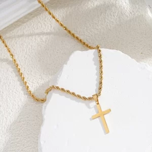 Tendência - Pingente de cruz 18k banhado a ouro Unissex, minimalista, Cordão modelo trançado, cruz em chapa, Durável de 5 a 10 anos