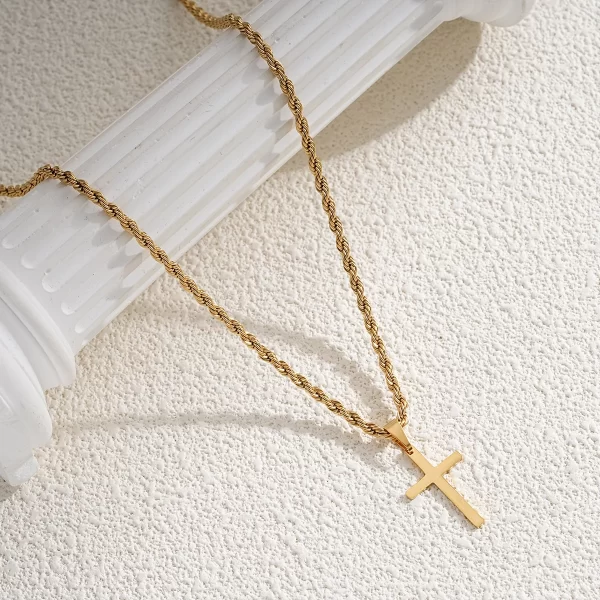 Tendência - Pingente de cruz 18k banhado a ouro Unissex, minimalista, Cordão modelo trançado, cruz em chapa, Durável de 5 a 10 anos - Imagem 3