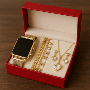 Kit Relógio Digital Feminino Led + Colar Brincos Folheado Ouro + Pulseira C Caixa